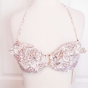 Eberjey Halter Bikini Top Women's Small Floral Ruffled Tie Neck Swim Flirty NEW